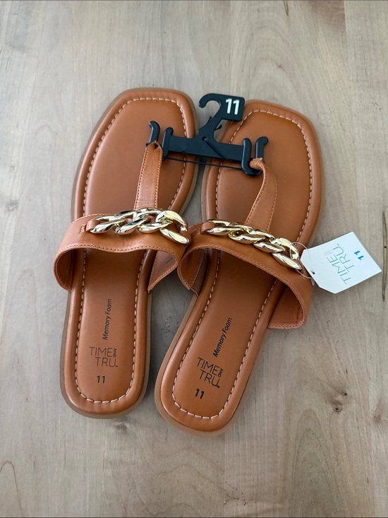 Time and Tru Shoes - Time and Tru Cognac Slide Sandals with Gold Chain Accent